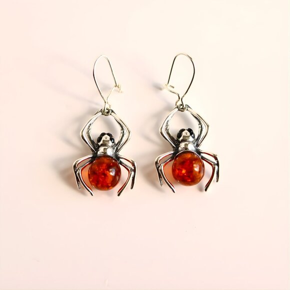 Baltic Amber Spider Earrings - 925 Sterling Silver - Picture 2 of 5